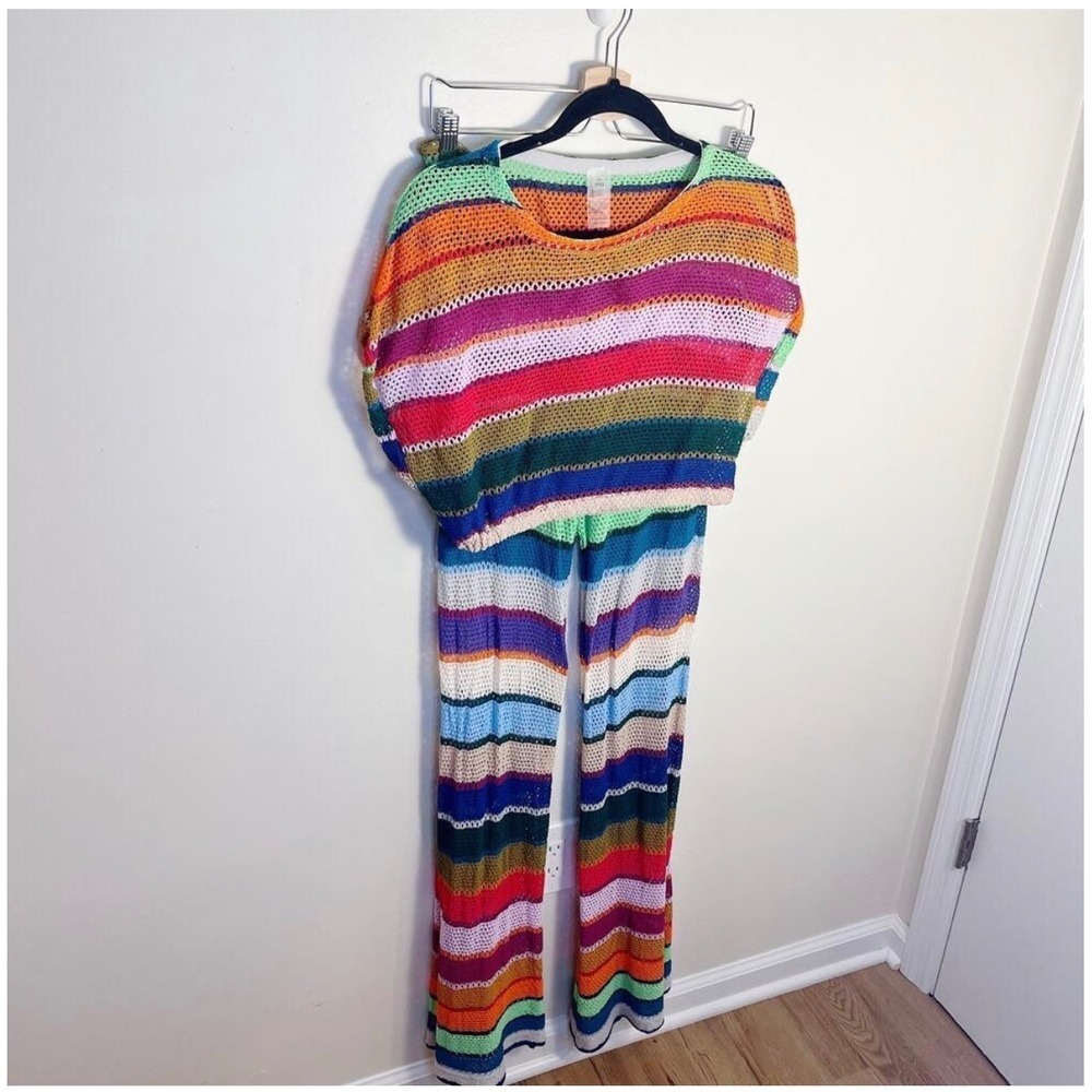 PQ Swim 2 Piece Set Womens M/L Multi Rainbow Stripe Crochet Knit Crop Top Pants - Picture 7 of 8